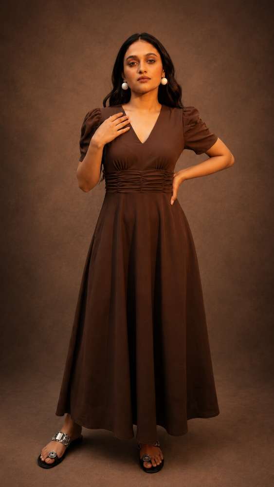 Shasmi Girl's & Women's Solid Color V-Neck A-Line Maxi Dress for Women | New Year Party Outfit 